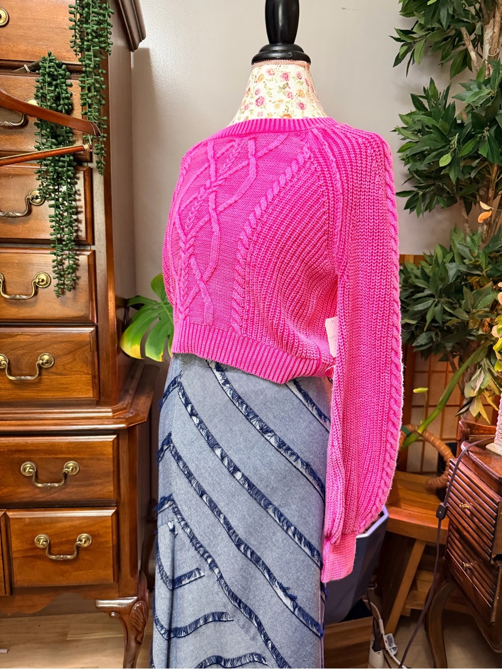 Altar'd State Bright Hot Pink Cable Knit Cropped Sweater